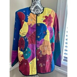 Indigo Moon Embroidered Jacket Boho Artsy Art To Wear Whimsical Sz XL/1X